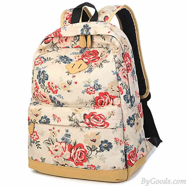 Fashion Girl's Canvas Printing Rose Flowers School Backpack Large Capacity Travel Backpack 