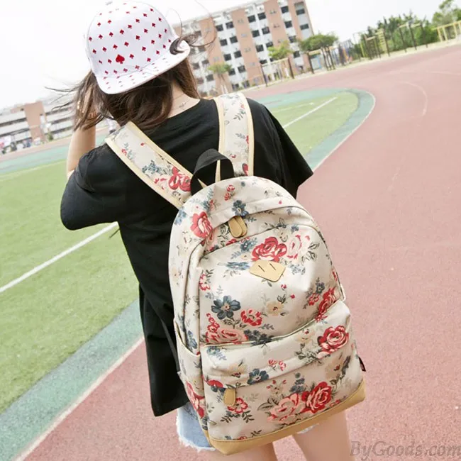 Fashion Girl's Canvas Printing Rose Flowers School Backpack Large Capacity Travel Backpack 