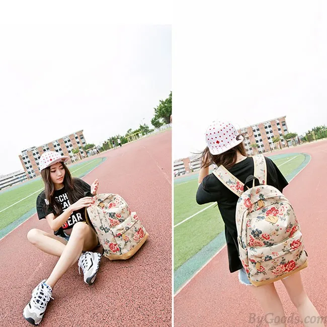 Fashion Girl's Canvas Printing Rose Flowers School Backpack Large Capacity Travel Backpack 