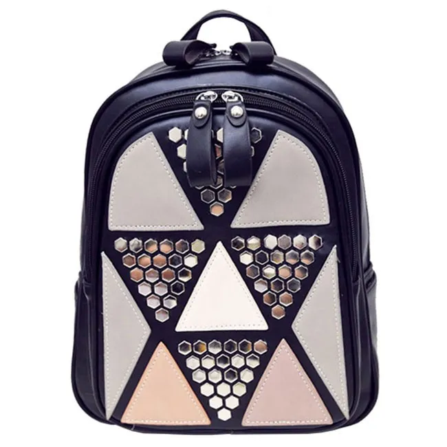 Fashion Girl's School PU Splicing Triangles Sequins Backpack Leisure Rivet Backpack 