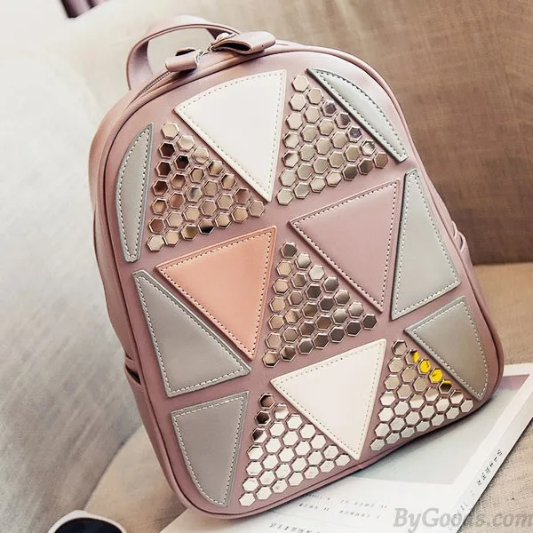 Fashion Girl's School PU Splicing Triangles Sequins Backpack Leisure Rivet Backpack 