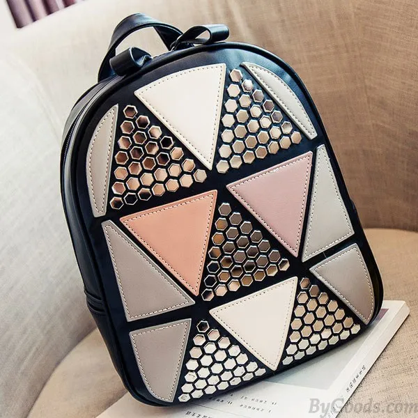 Fashion Girl's School PU Splicing Triangles Sequins Backpack Leisure Rivet Backpack 
