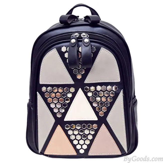Fashion Girl's School PU Splicing Triangles Sequins Backpack Leisure Rivet Backpack 