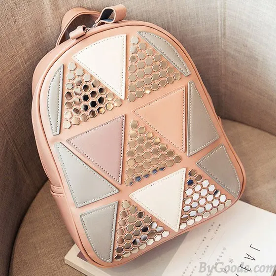 Fashion Girl's School PU Splicing Triangles Sequins Backpack Leisure Rivet Backpack 