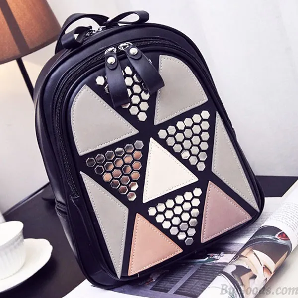 Fashion Girl's School PU Splicing Triangles Sequins Backpack Leisure Rivet Backpack 