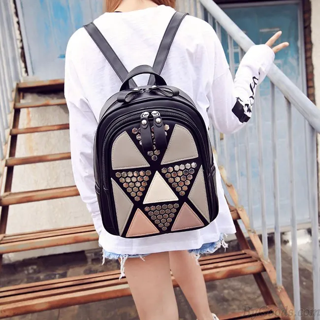Fashion Girl's School PU Splicing Triangles Sequins Backpack Leisure Rivet Backpack 