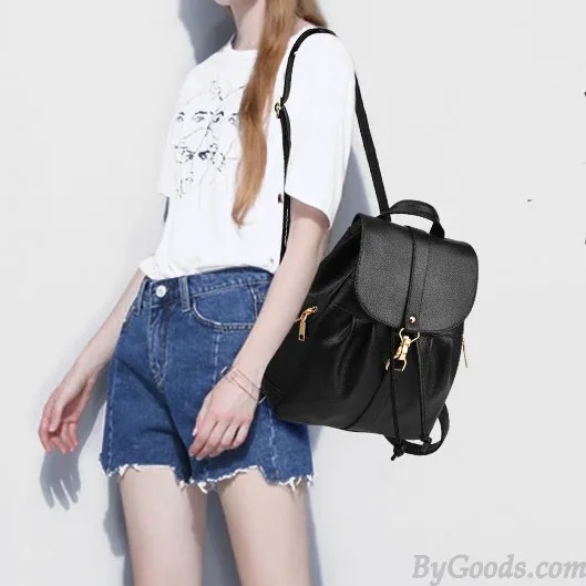  Fashion Lichee Pattern PU Girl's Fold Metal Lock Flap Backpack Leisure Travel Backpack 