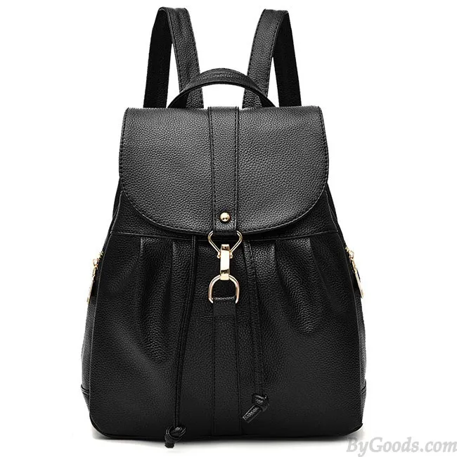  Fashion Lichee Pattern PU Girl's Fold Metal Lock Flap Backpack Leisure Travel Backpack 