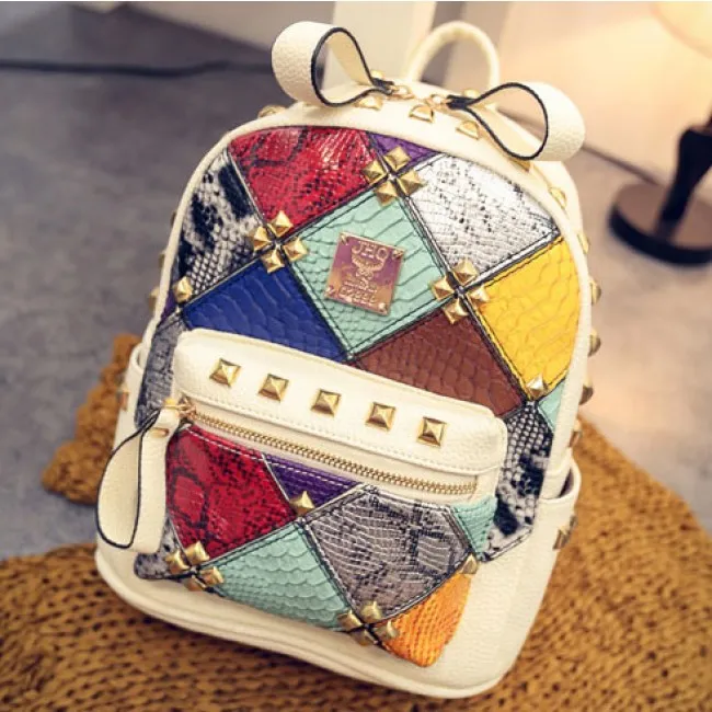 Fashion Mini Rivet Contrast School Rucksack Stitching Colorful Lady Backpack 