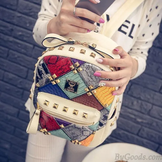 Fashion Mini Rivet Contrast School Rucksack Stitching Colorful Lady Backpack 