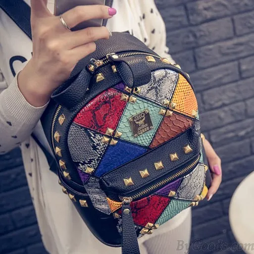 Fashion Mini Rivet Contrast School Rucksack Stitching Colorful Lady Backpack 