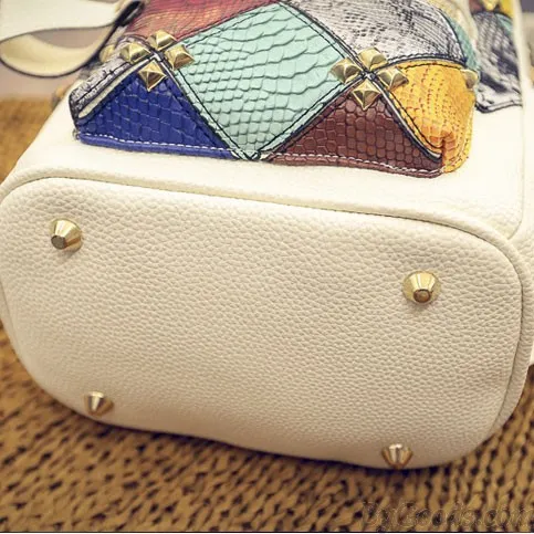 Fashion Mini Rivet Contrast School Rucksack Stitching Colorful Lady Backpack 
