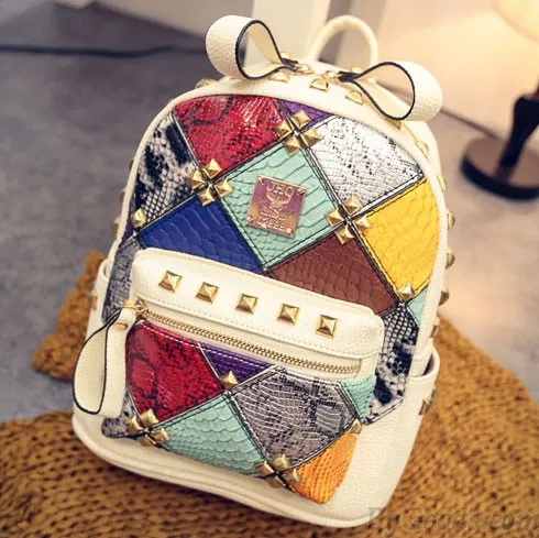 Fashion Mini Rivet Contrast School Rucksack Stitching Colorful Lady Backpack 