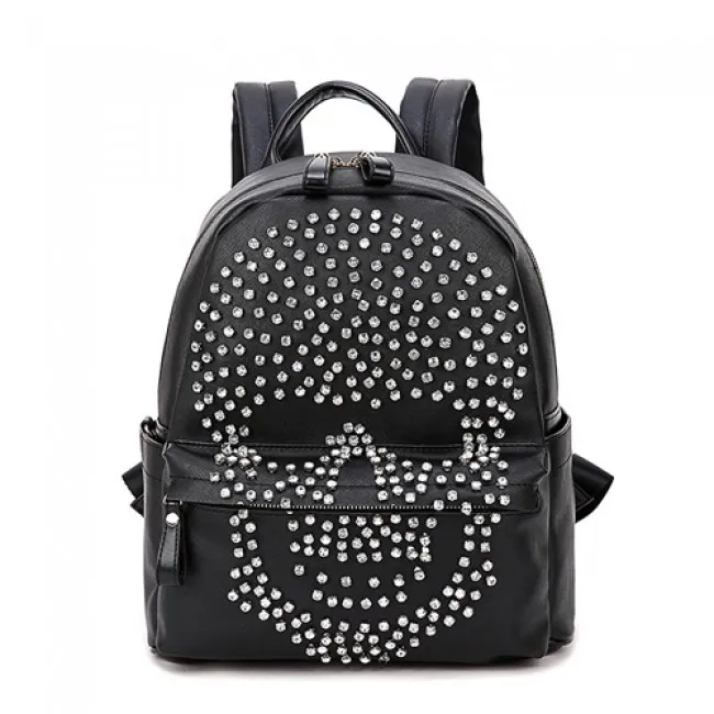 Fashion Punk Original Diamond Rivet Skull Black Satchel Backpack