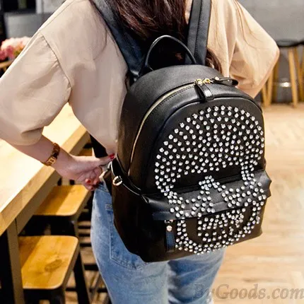 Fashion Punk Original Diamond Rivet Skull Black Satchel Backpack