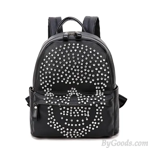 Fashion Punk Original Diamond Rivet Skull Black Satchel Backpack