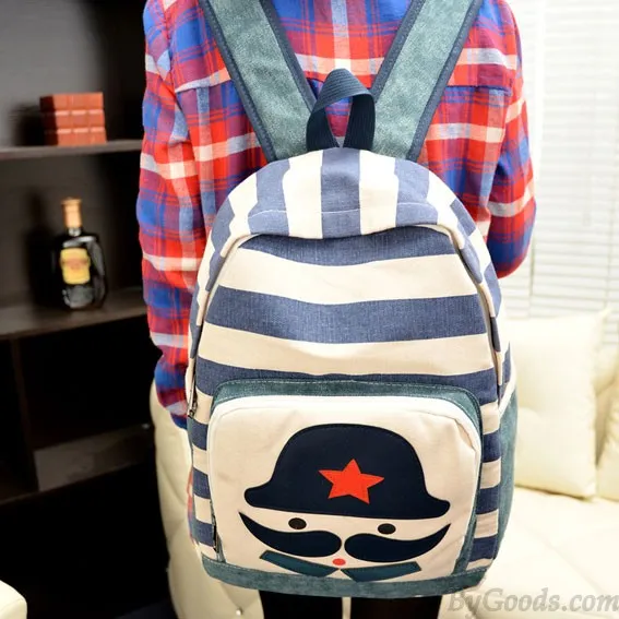 Fashion Striped Moustache Printed Canvas Backpack