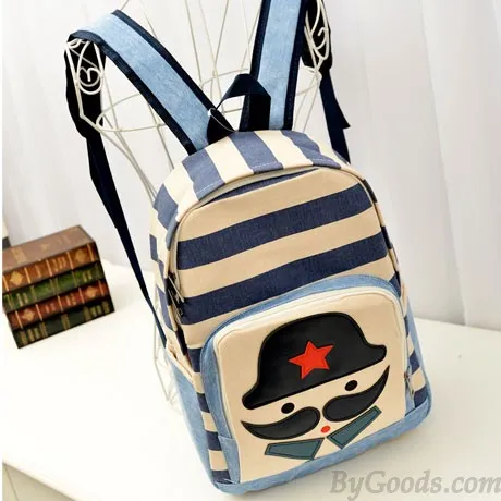 Fashion Striped Moustache Printed Canvas Backpack