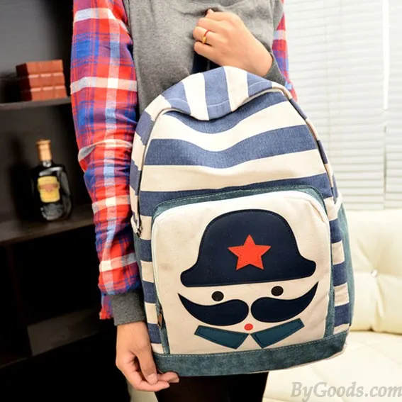 Fashion Striped Moustache Printed Canvas Backpack
