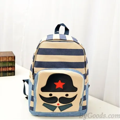 Fashion Striped Moustache Printed Canvas Backpack