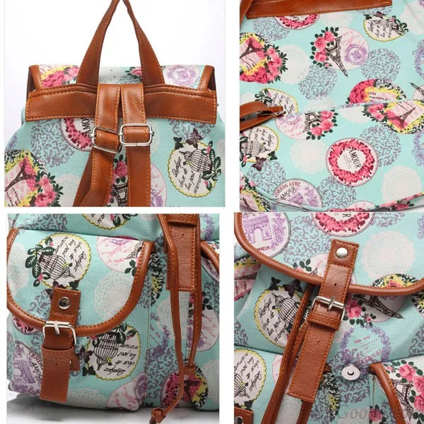 Fashion Tower Floral Canvas Schoolbag Backpack Travel Backpack