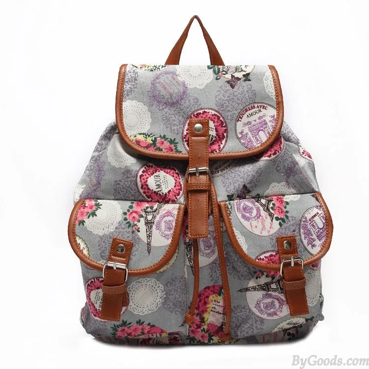 Fashion Tower Floral Canvas Schoolbag Backpack Travel Backpack