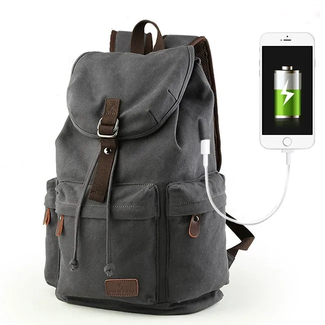 Flap Travel Canvas Backpack With USB Interface Drawstring Large Capacity Camping Rucksack 