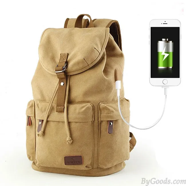 Flap Travel Canvas Backpack With USB Interface Drawstring Large Capacity Camping Rucksack 