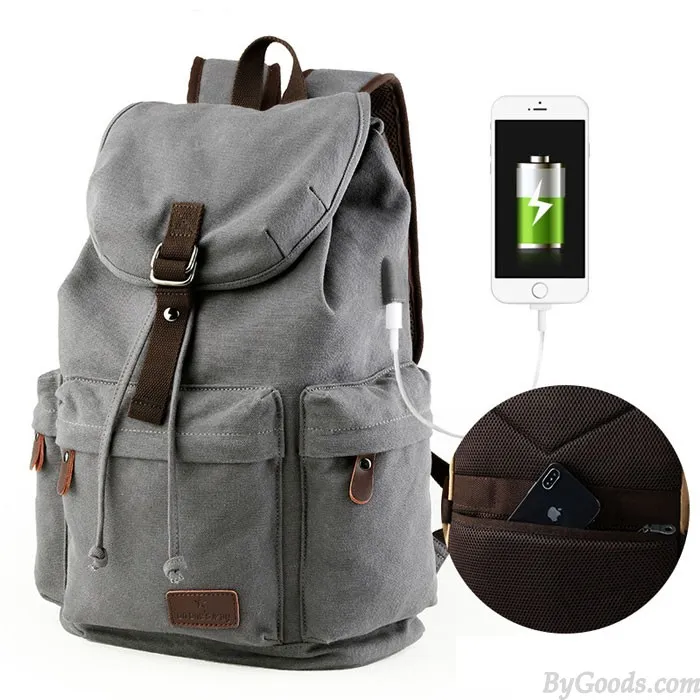 Flap Travel Canvas Backpack With USB Interface Drawstring Large Capacity Camping Rucksack 