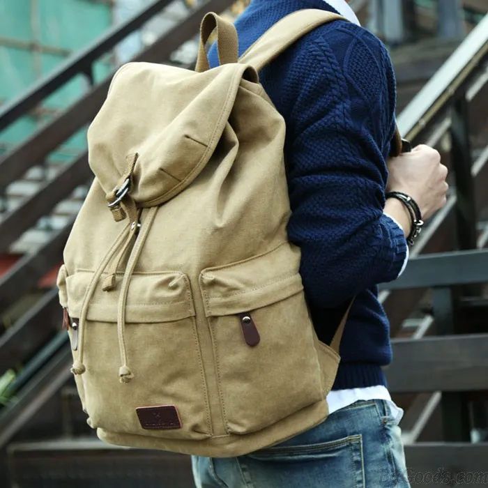 Flap Travel Canvas Backpack With USB Interface Drawstring Large Capacity Camping Rucksack 