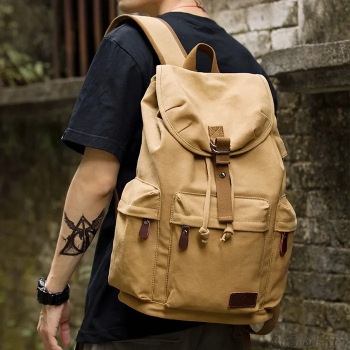 Flap Travel Canvas Backpack With USB Interface Drawstring Large Capacity Camping Rucksack 