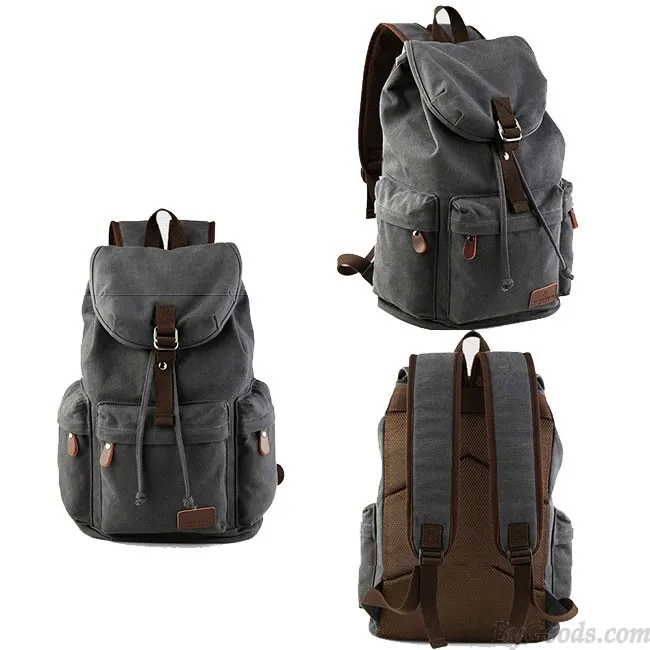 Flap Travel Canvas Backpack With USB Interface Drawstring Large Capacity Camping Rucksack 