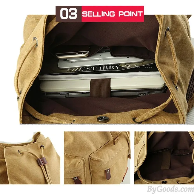 Flap Travel Canvas Backpack With USB Interface Drawstring Large Capacity Camping Rucksack 