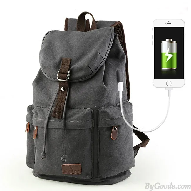 Flap Travel Canvas Backpack With USB Interface Drawstring Large Capacity Camping Rucksack 