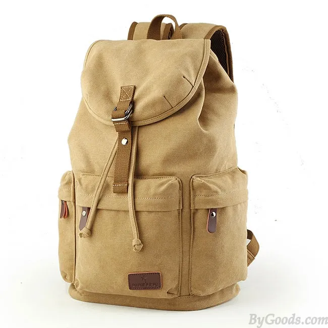 Flap Travel Canvas Backpack With USB Interface Drawstring Large Capacity Camping Rucksack 