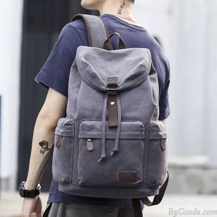 Flap Travel Canvas Backpack With USB Interface Drawstring Large Capacity Camping Rucksack 