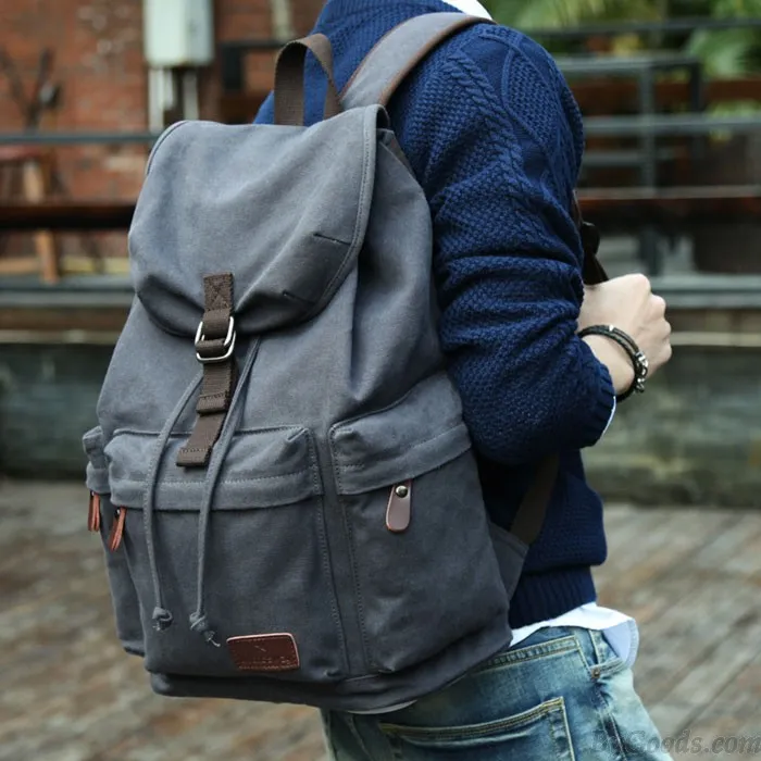 Flap Travel Canvas Backpack With USB Interface Drawstring Large Capacity Camping Rucksack 