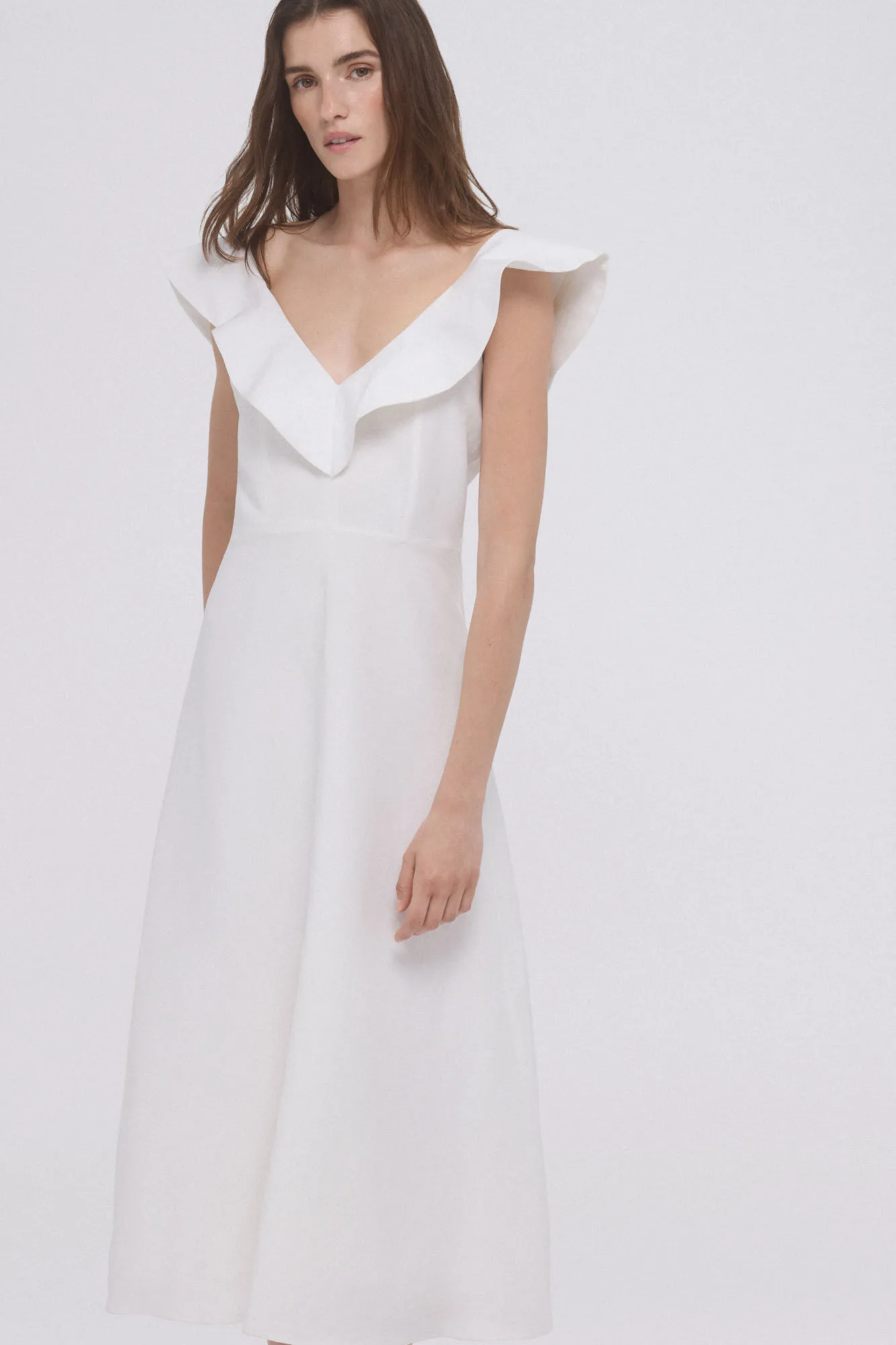 Flounced viscose and linen dress