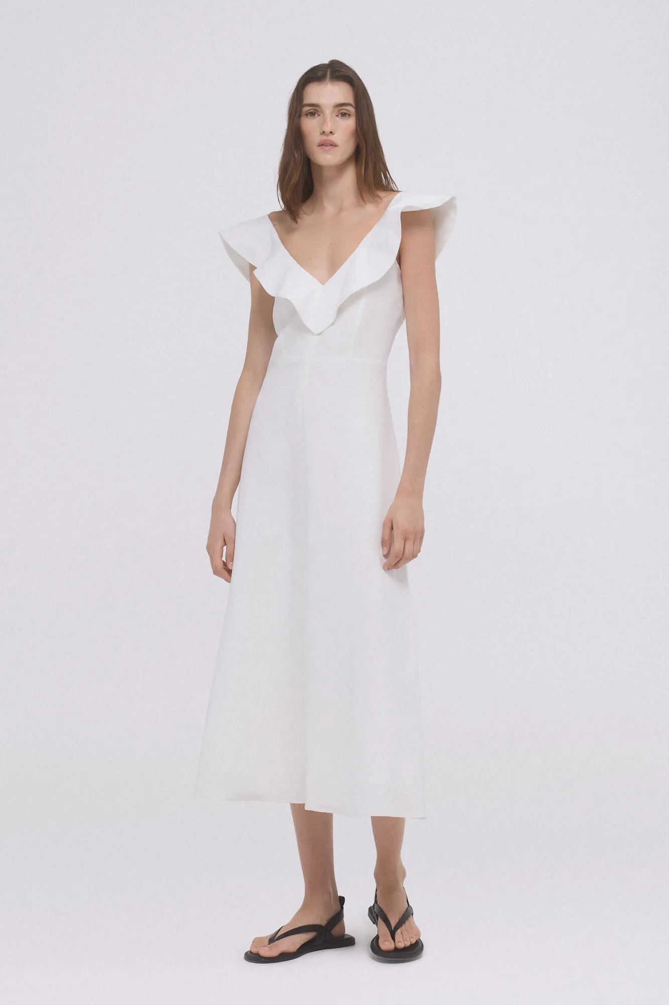Flounced viscose and linen dress