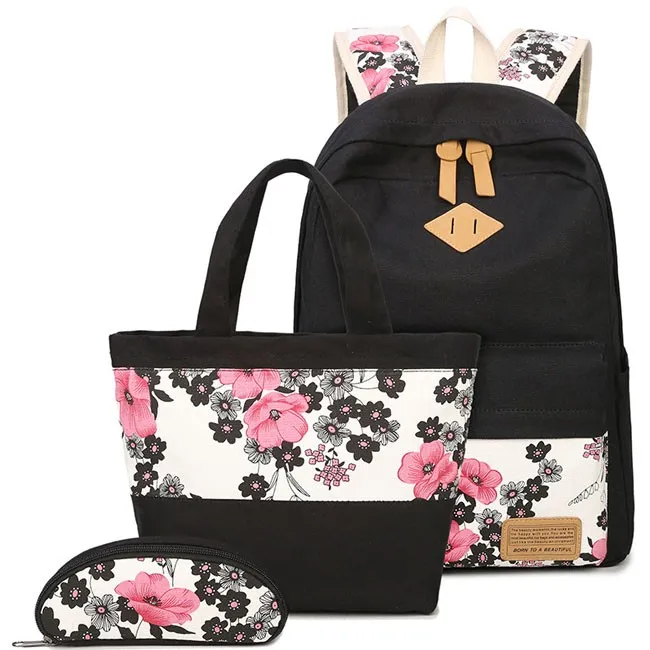 Folk Ink Wash Painting Pink Flowers Rose School Girl's Black Canvas Large Backpack