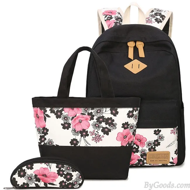 Folk Ink Wash Painting Pink Flowers Rose School Girl's Black Canvas Large Backpack