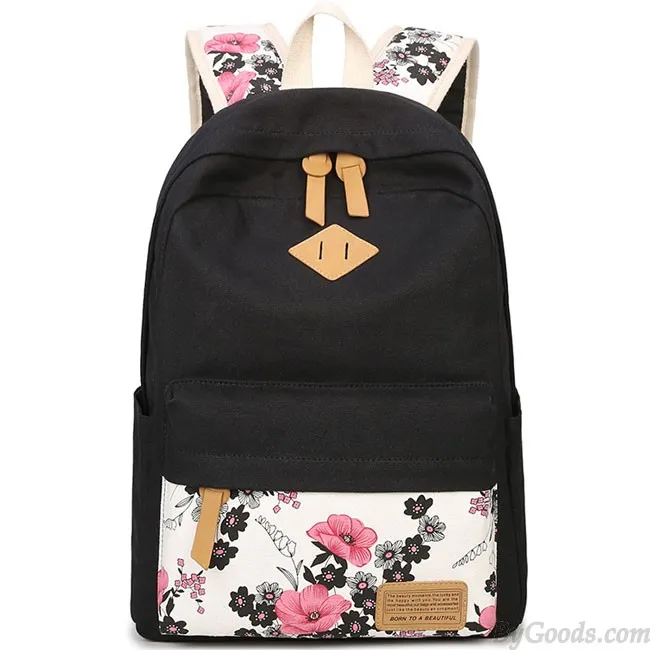 Folk Ink Wash Painting Pink Flowers Rose School Girl's Black Canvas Large Backpack