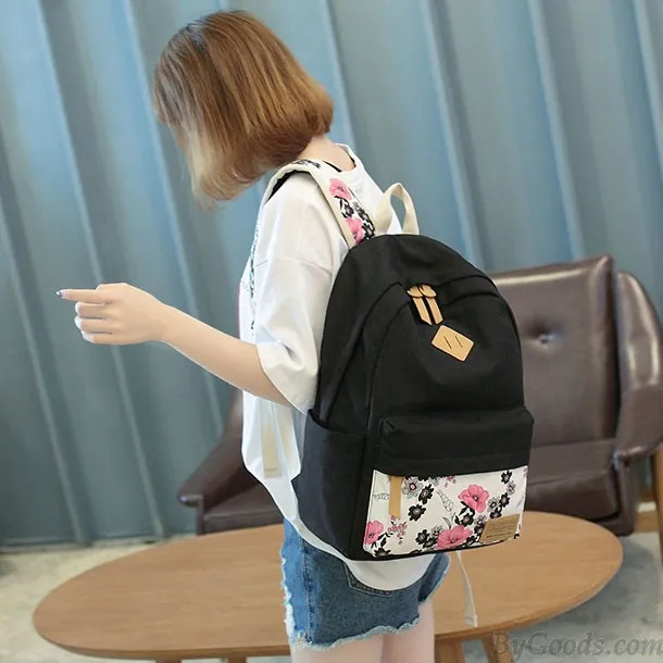 Folk Ink Wash Painting Pink Flowers Rose School Girl's Black Canvas Large Backpack