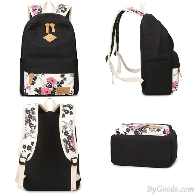 Folk Ink Wash Painting Pink Flowers Rose School Girl's Black Canvas Large Backpack