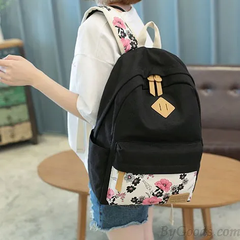 Folk Ink Wash Painting Pink Flowers Rose School Girl's Black Canvas Large Backpack