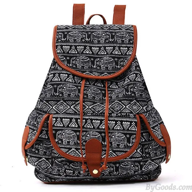 Folk Irregular Totem Geometric Patterns PU Elephant Printing 3 Pockets School Canvas Backpack
