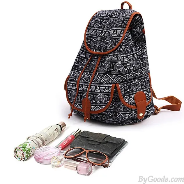 Folk Irregular Totem Geometric Patterns PU Elephant Printing 3 Pockets School Canvas Backpack
