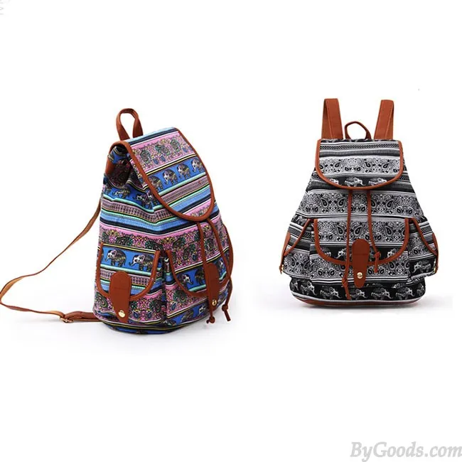 Folk Irregular Totem Geometric Patterns PU Elephant Printing 3 Pockets School Canvas Backpack