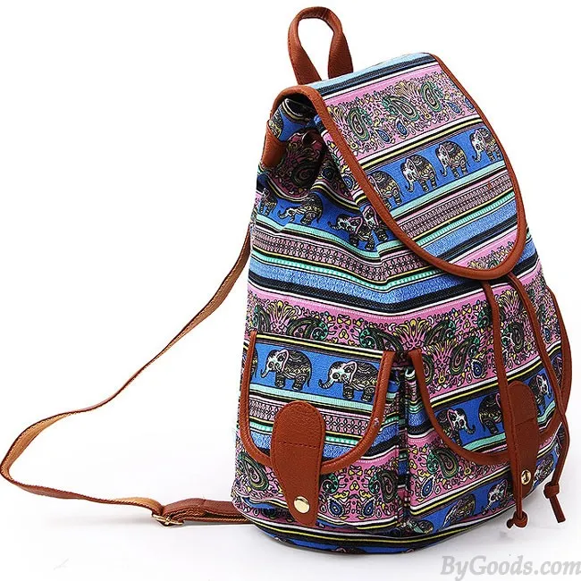 Folk Irregular Totem Geometric Patterns PU Elephant Printing 3 Pockets School Canvas Backpack
