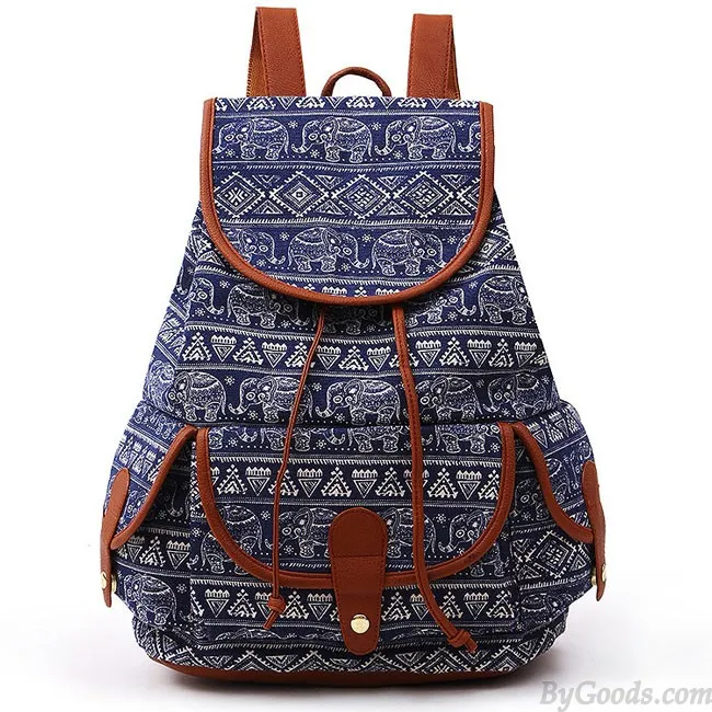 Folk Irregular Totem Geometric Patterns PU Elephant Printing 3 Pockets School Canvas Backpack